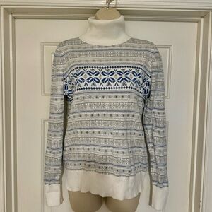 LL Bean Women's M Fair Isle Blue and White Turtleneck Sweater